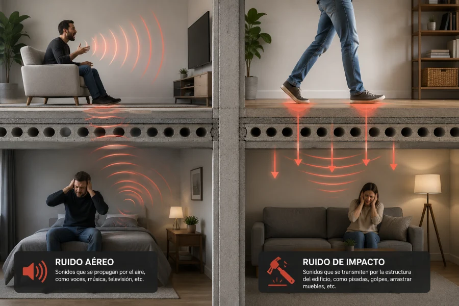 Diferencia entre ruido aéreo y ruido de impacto (y por qué necesitan soluciones distintas)